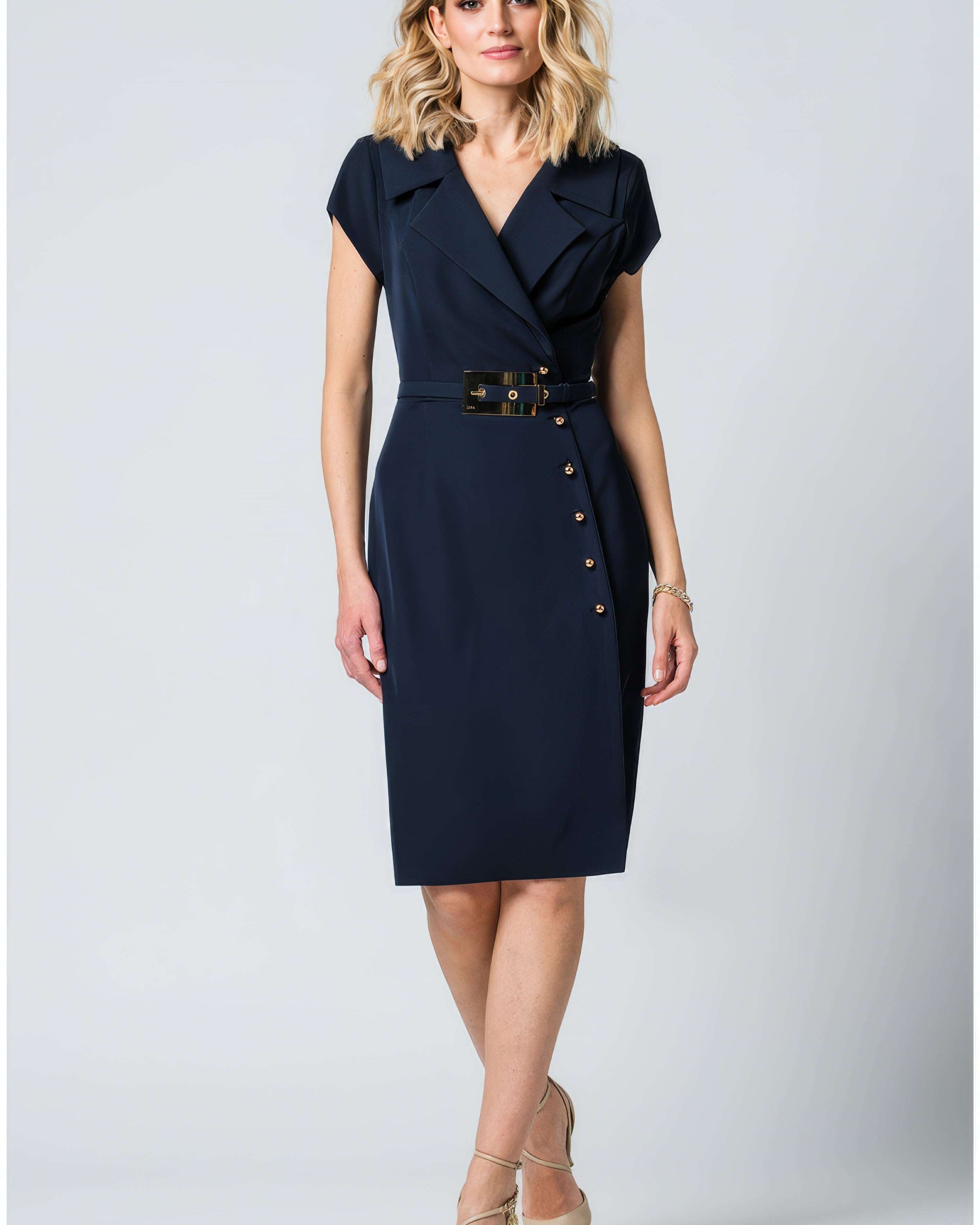 A selection of tailored handmade work dresses from Luna Fashion House in navy, black and ivory, styled for the office and client meetings