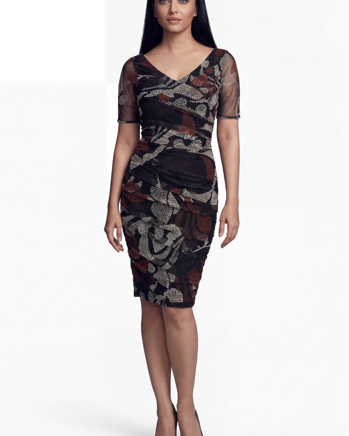 Fitted black midi lace cocktail dress with V-neckline and short sleeves on a petite frame, Luna Fashion House