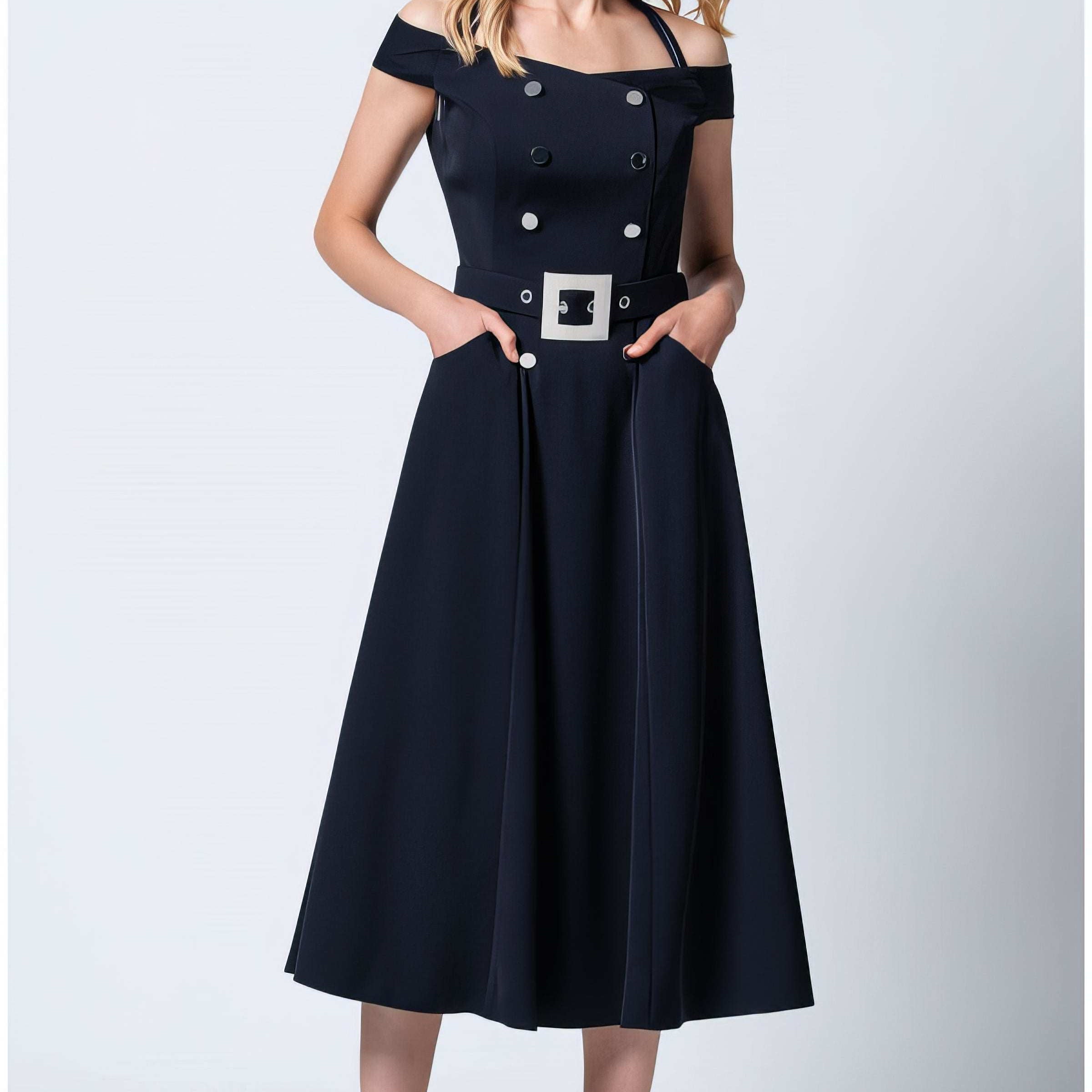 Navy off-shoulder midi dress with fitted bodice and A-line skirt, shown in solid navy for formal evening occasions.