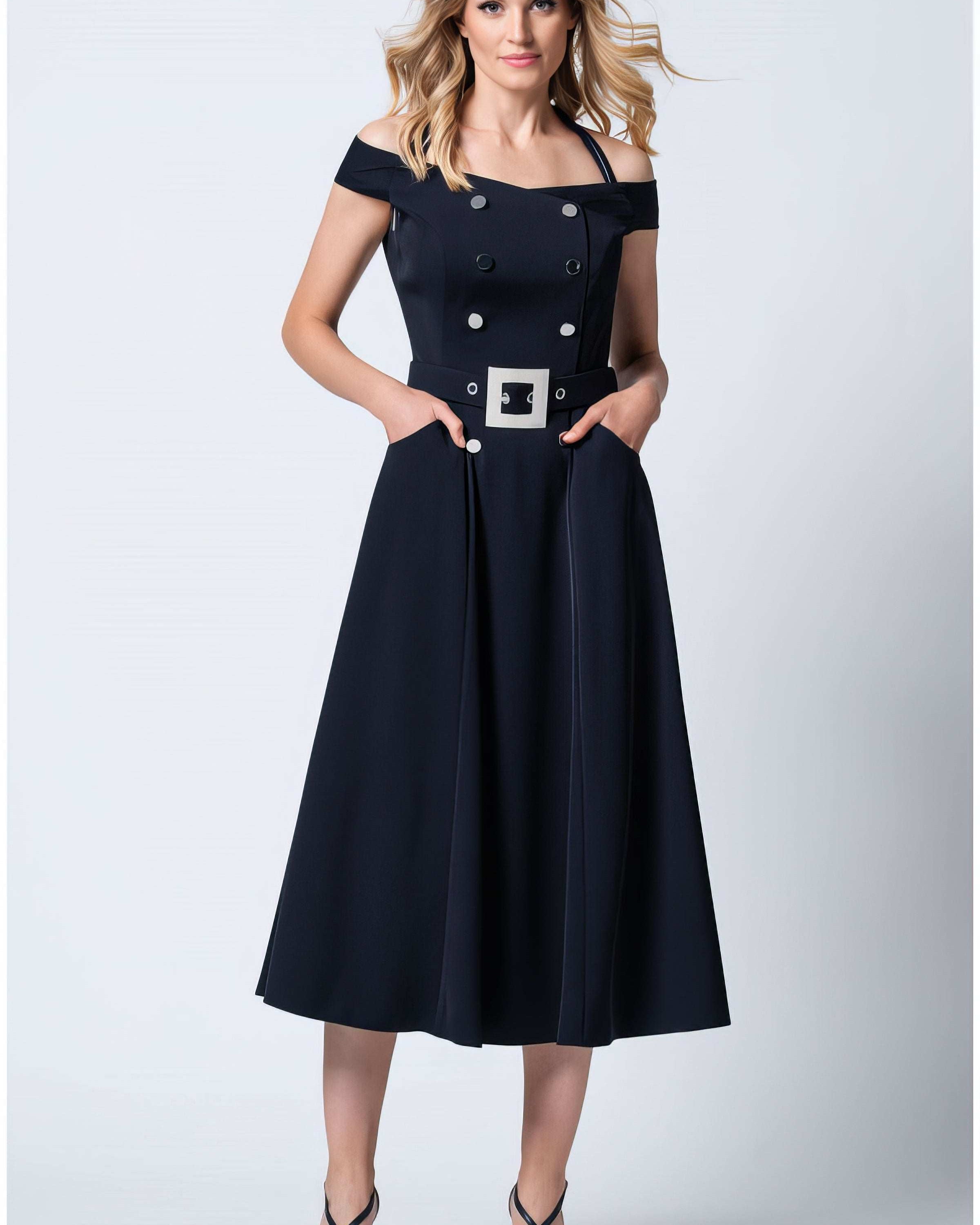 Navy off-shoulder midi dress with fitted bodice and A-line skirt, shown in solid navy for formal evening occasions.