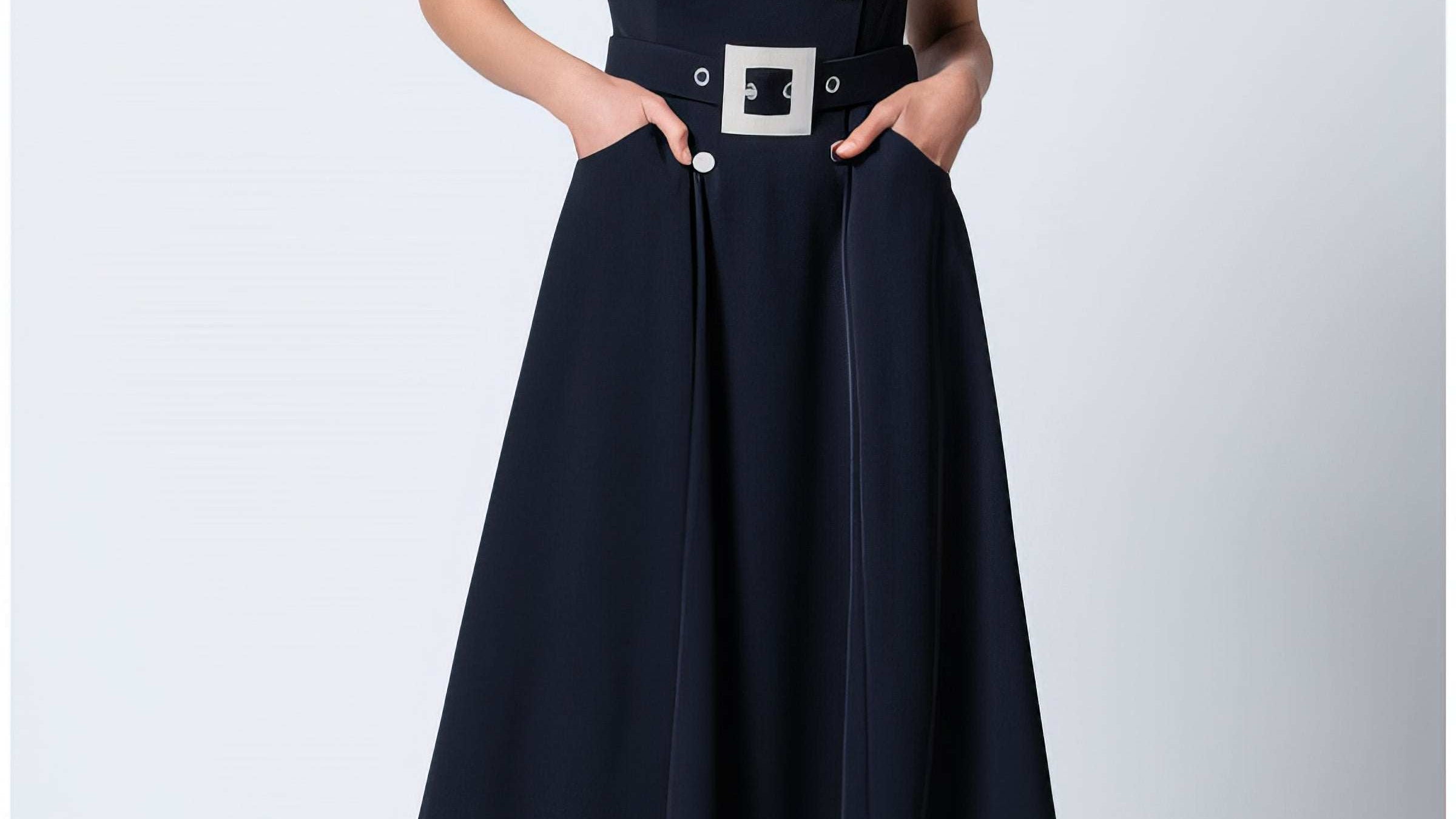 Navy off-shoulder midi dress with fitted bodice and A-line skirt on a white background, Luna Fashion House Greta style.