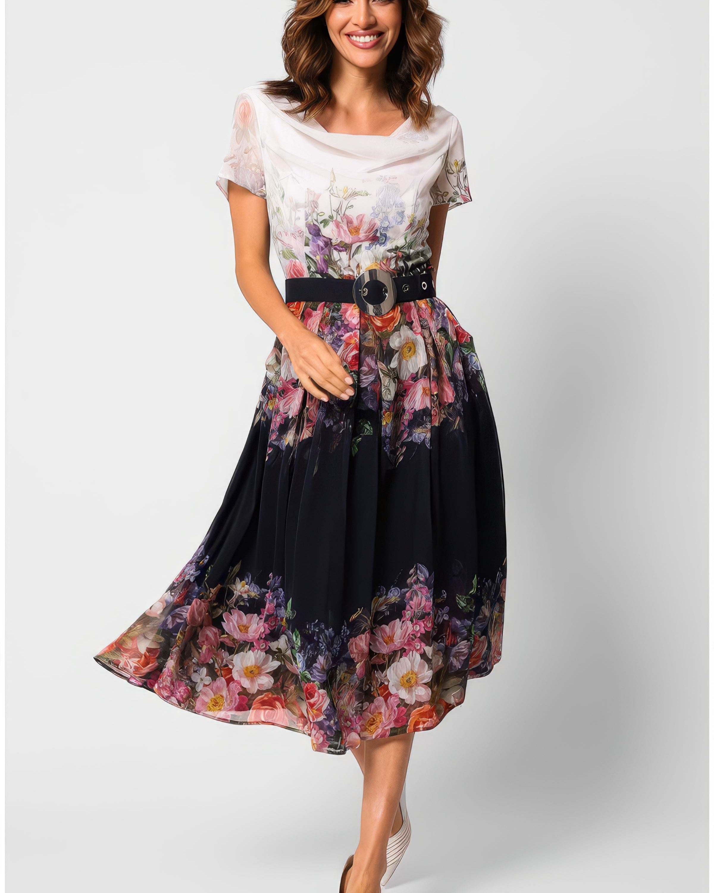 An elegant handmade European midi dress in a floral print displayed against a soft neutral background, suitable for a summer mother of the bride occasion