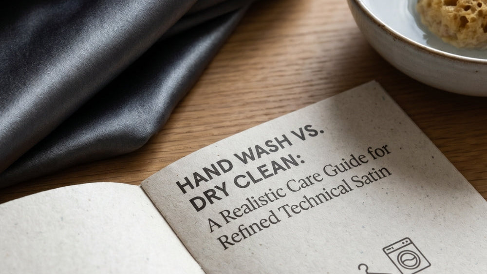 Refined technical satin blouse laid flat for gentle hand washing care