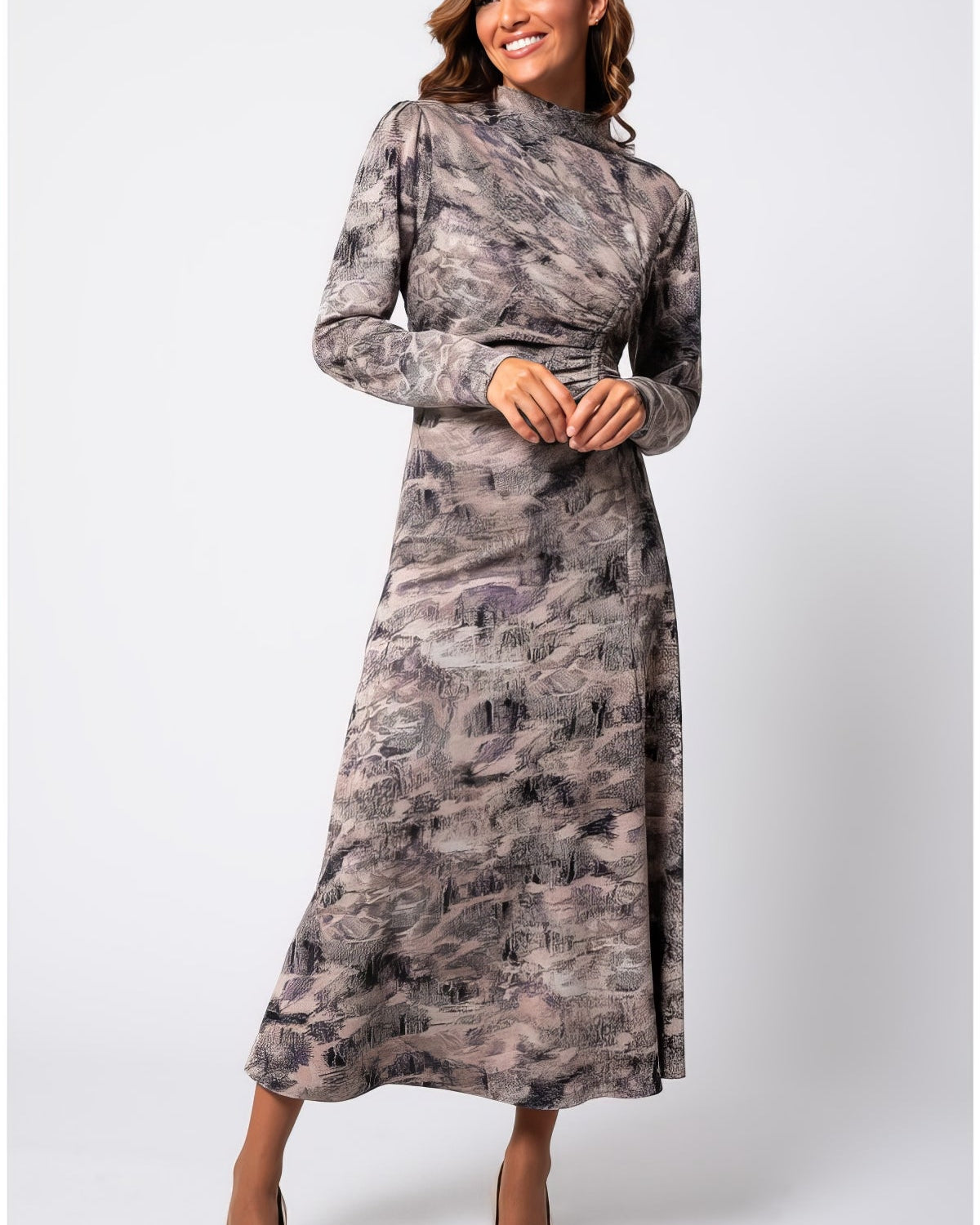 Model wearing the Brown Draped Midi Dress Mila in abstract taupe with ruched waist and long sleeves at a formal dinner setting
