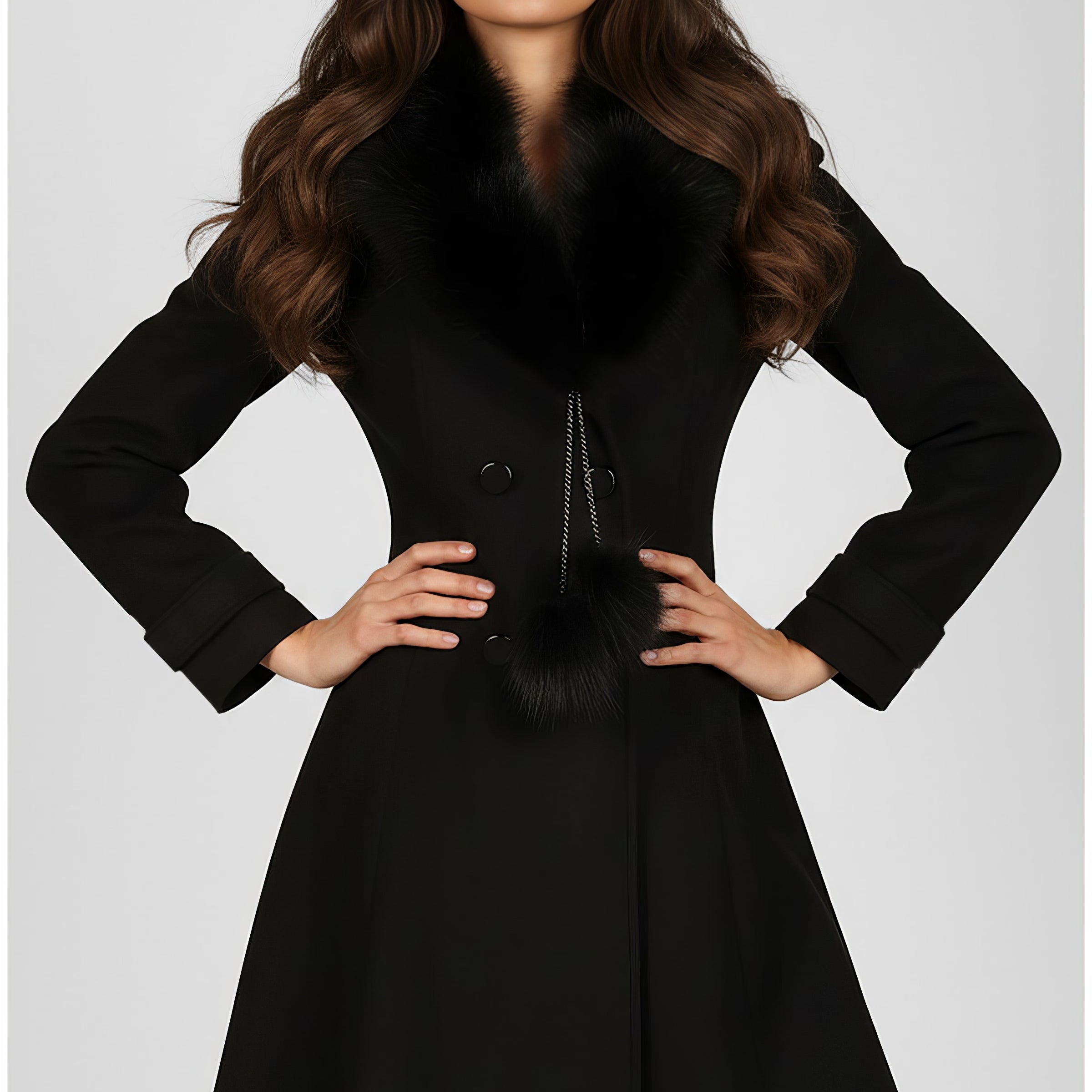 Black long-fiber wool coat with detachable faux fur collar and full Bemberg lining, worn over evening dress