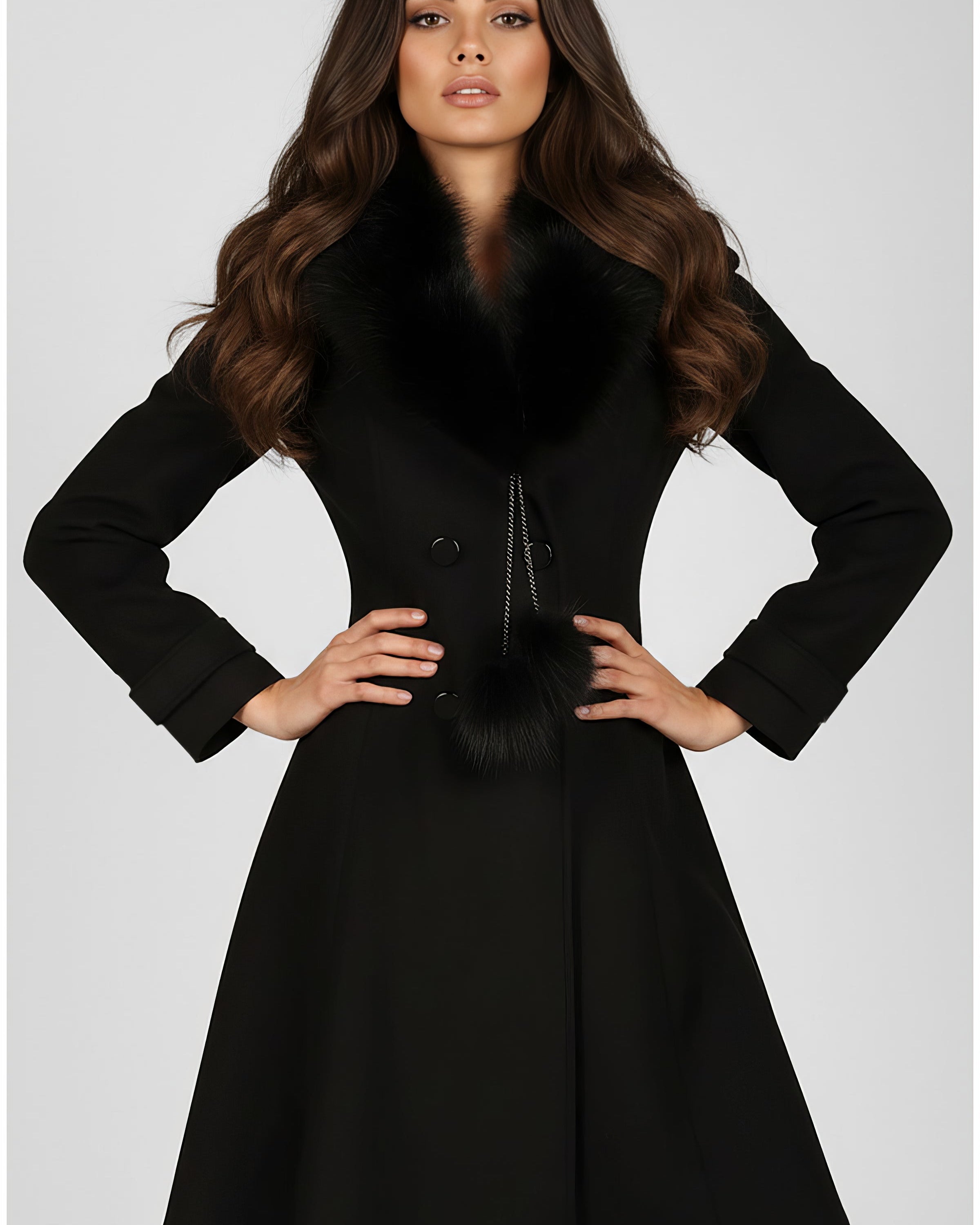 Black wool coat with a large black faux fur collar and pompom ties, double-breasted, fitted through the waist, knee-length flared skirt, the Lucy by Luna Fashion House