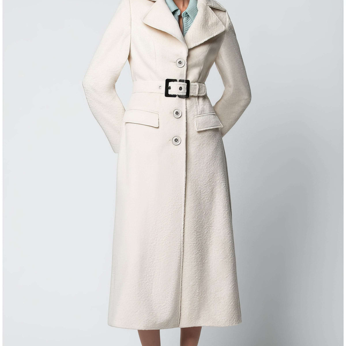 Ivory belted midi coat with structured drape and self-fabric waist belt, front view on a neutral background