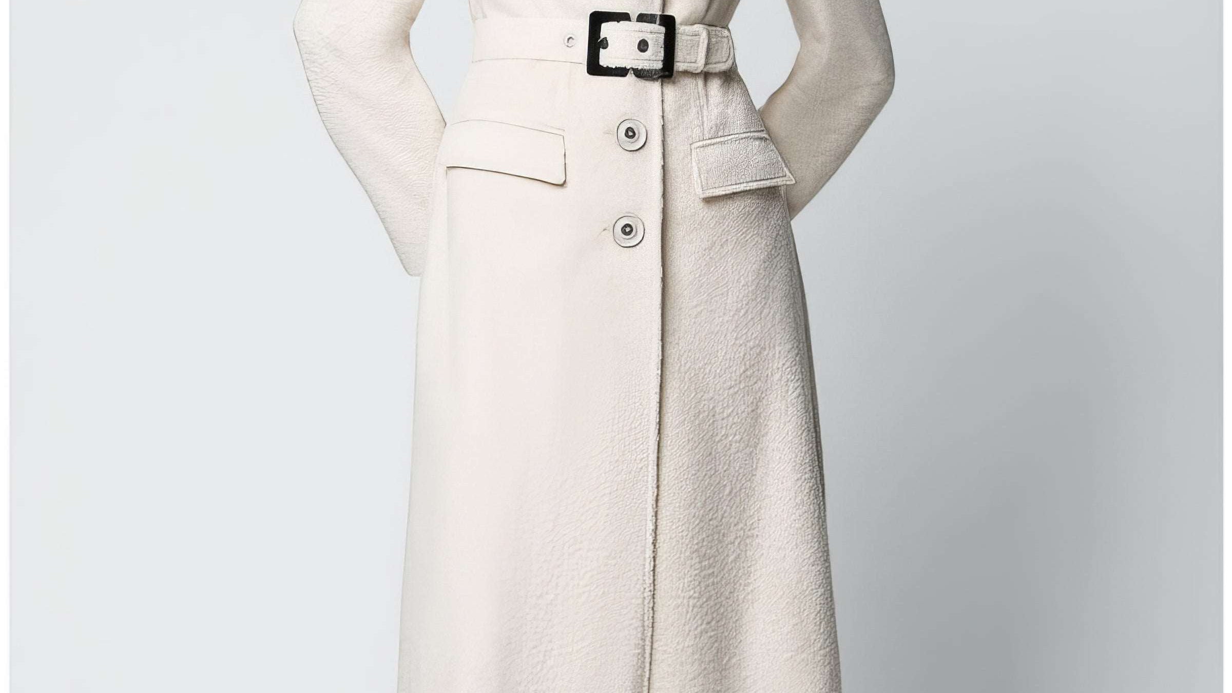 Ivory belted midi coat with structured drape and self-fabric waist belt, front view on a neutral background
