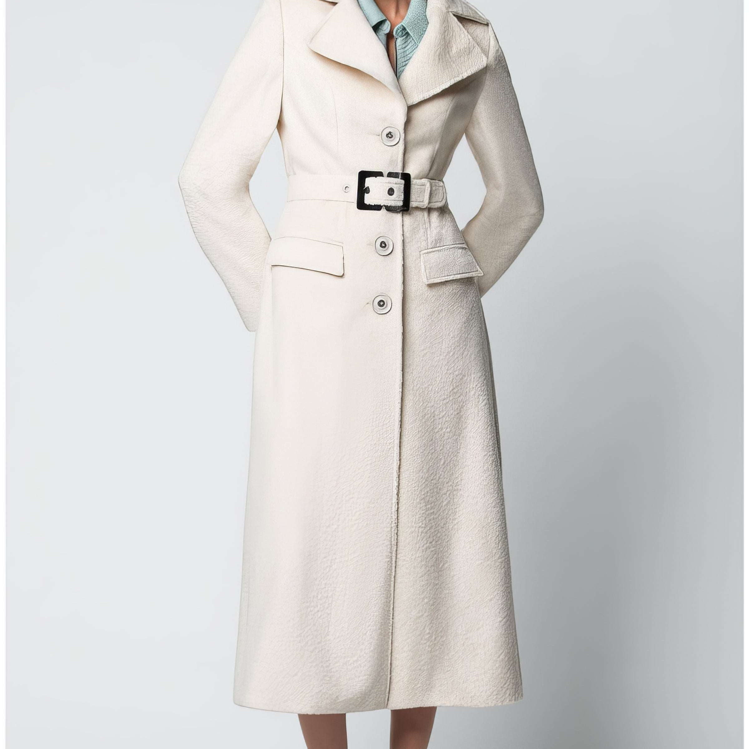 Ivory belted midi coat with structured drape and self-fabric waist belt, front view on a neutral background