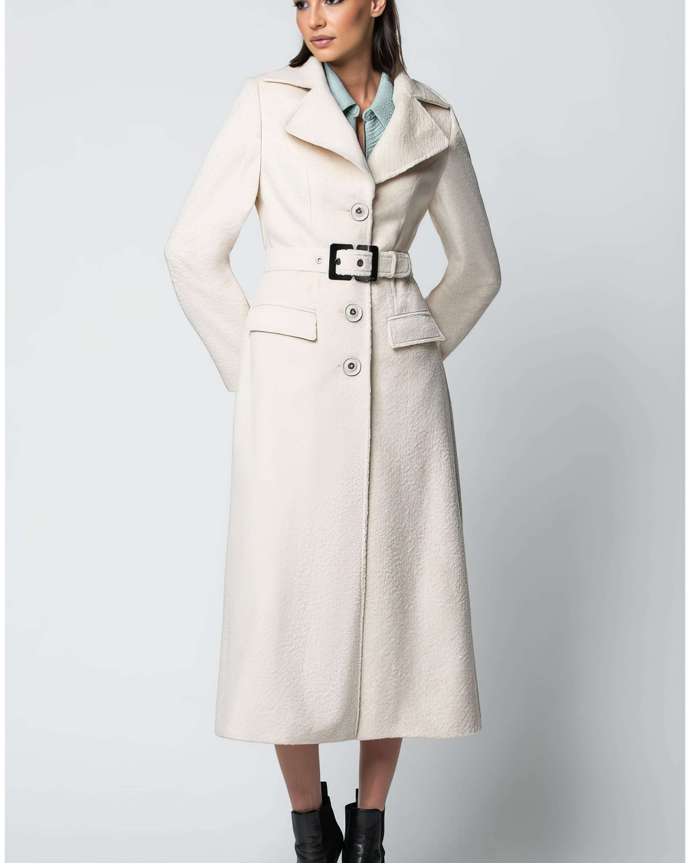 Ivory belted midi coat with structured drape and self-fabric waist belt, front view on a neutral background
