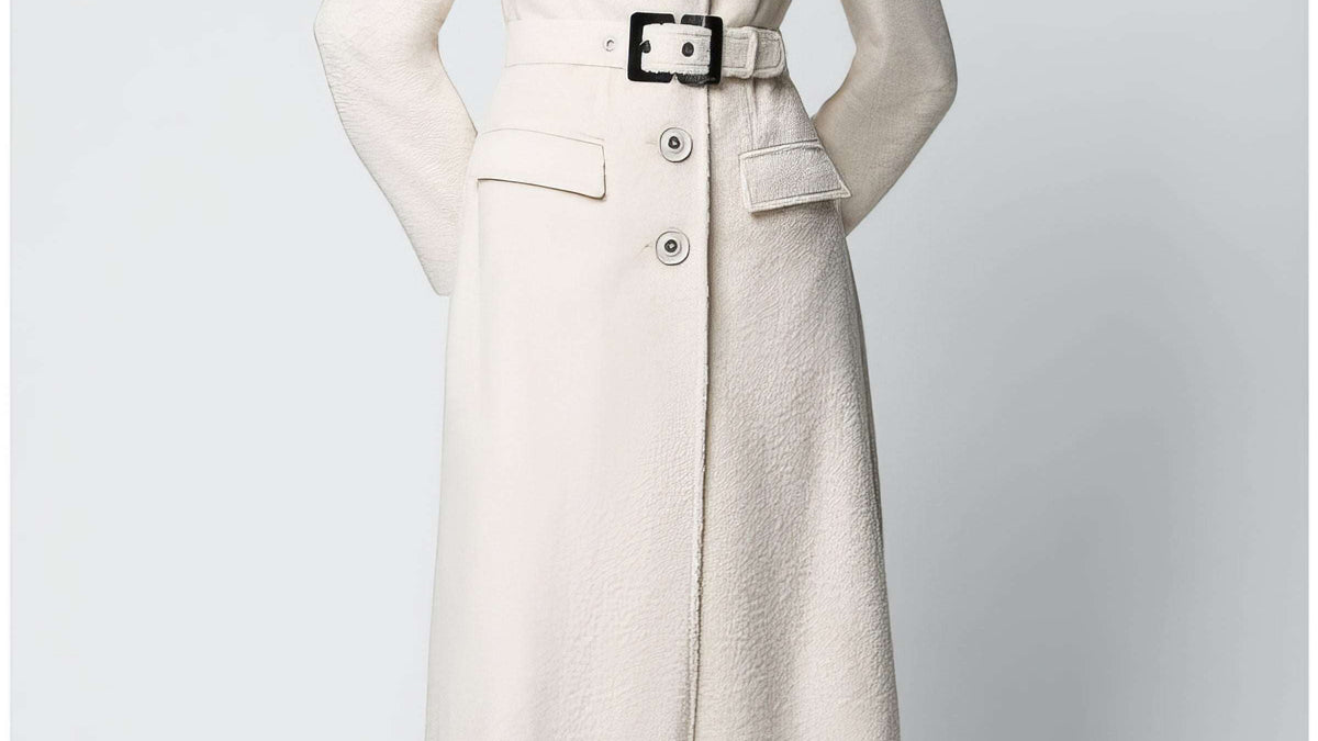 Ivory belted midi coat with structured drape and self-fabric waist belt, front view on a neutral background