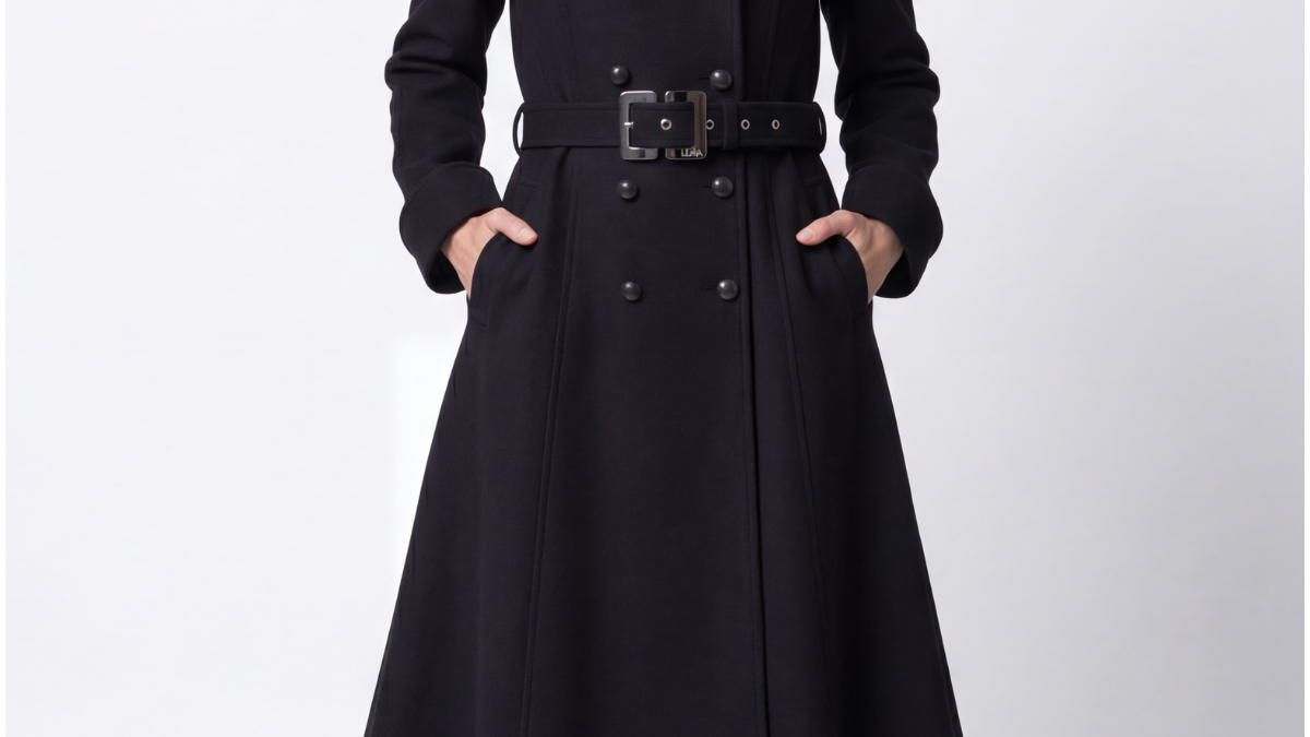 Black Wool Wrap Coat Nicole in 480gsm long-fiber wool with horsehair canvas lapels and Bemberg lining, styled for executive wear