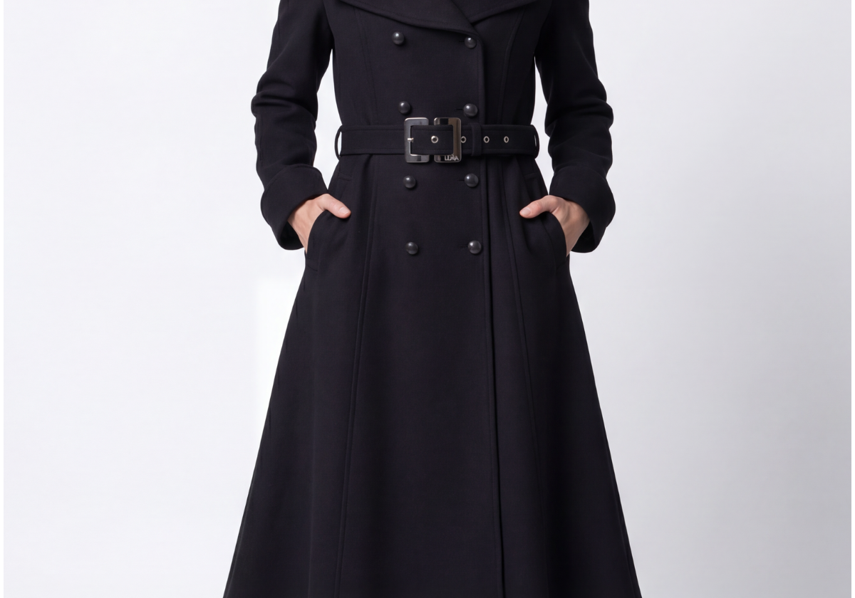 Black long-fiber wool wrap coat, Nicole, by Luna Fashion House, 480 grams per square meter with full Bemberg lining