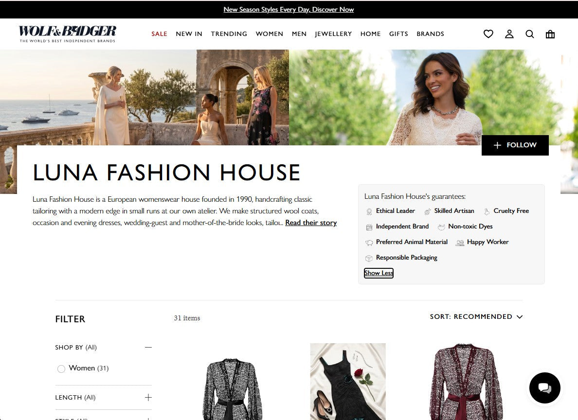 Three women in Luna Fashion House occasion dresses on a Mediterranean terrace at sunset, in ivory cape, cream corset, and black floral looks