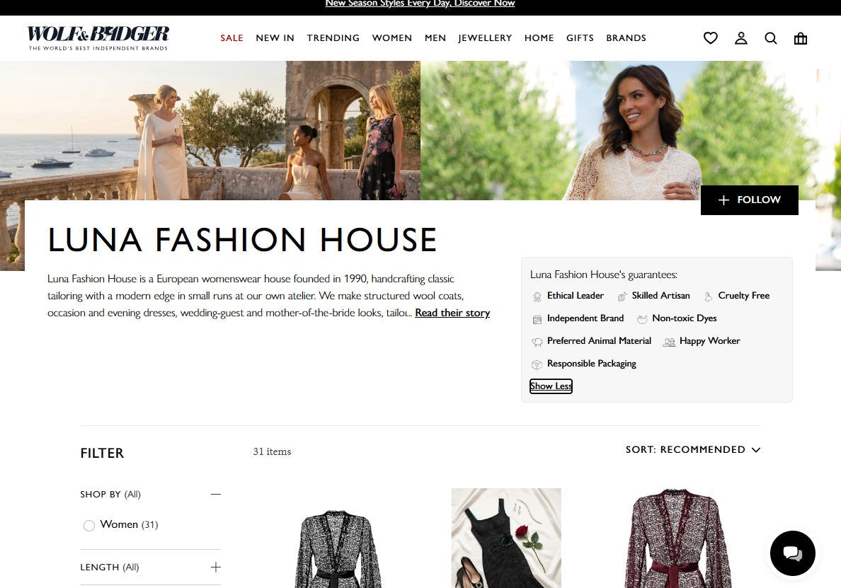 Three women in Luna Fashion House occasion dresses on a Mediterranean terrace at sunset, in ivory cape, cream corset, and black floral looks