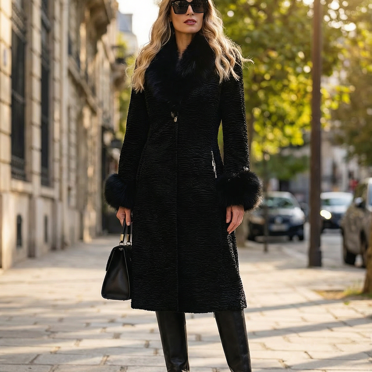 Black textured coat with a faux fur collar and faux fur cuffs, ending at the knee, worn with tall black boots on a tree lined stone street