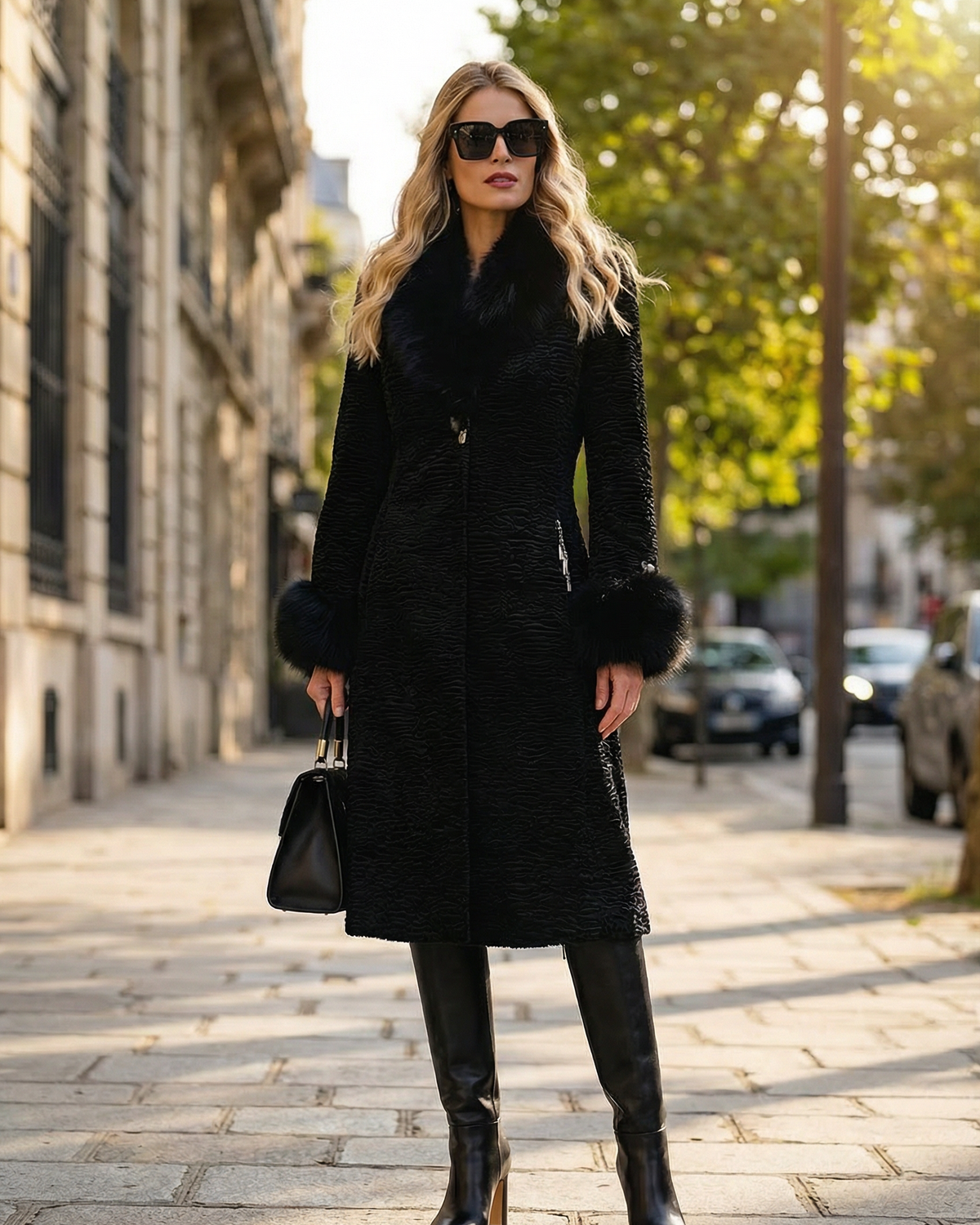Black textured coat with a faux fur collar and faux fur cuffs, ending at the knee, worn with tall black boots on a tree lined stone street