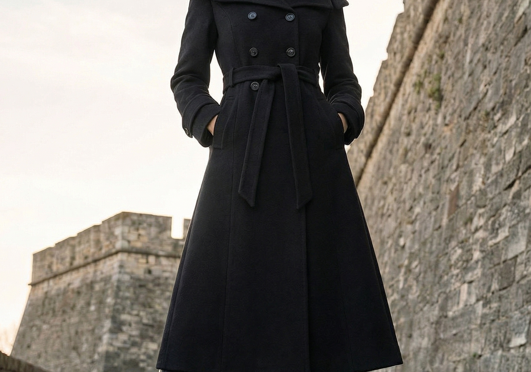 Black Wool Wrap Coat, Nicole by Luna Fashion House, handcrafted in Europe, styled for the occasion