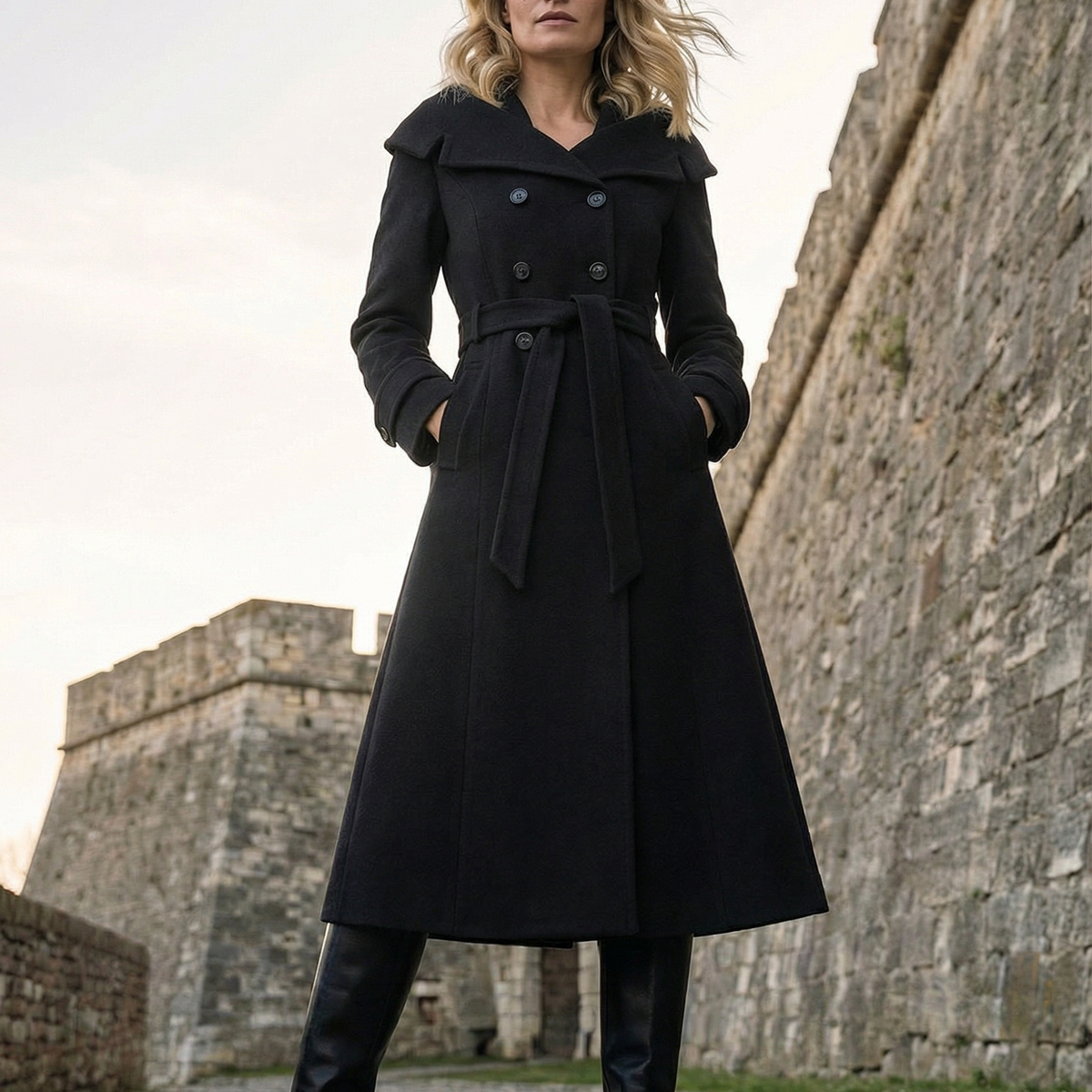 Black Wool Wrap Coat, Nicole by Luna Fashion House, handcrafted in Europe, styled for the occasion