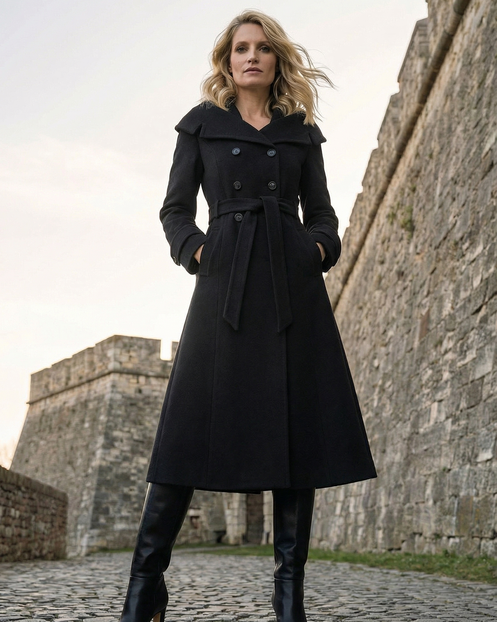 Black Wool Wrap Coat, Nicole by Luna Fashion House, handcrafted in Europe, styled for the occasion