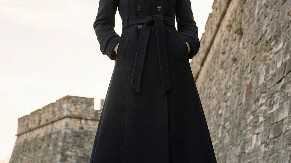 Black Wool Wrap Coat, Nicole by Luna Fashion House, handcrafted in Europe, styled for the occasion