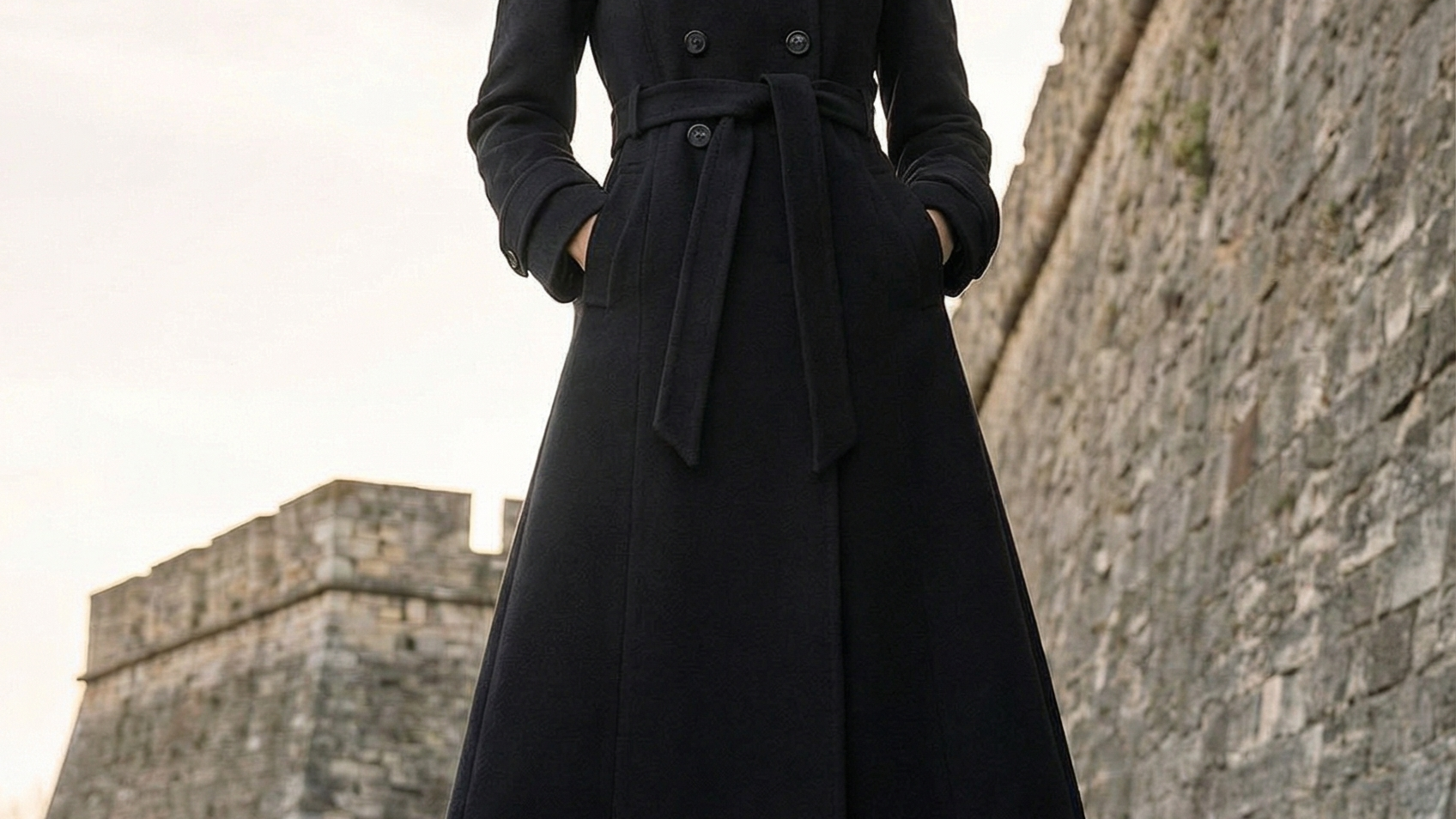 Black Wool Wrap Coat, Nicole by Luna Fashion House, handcrafted in Europe, styled for the occasion
