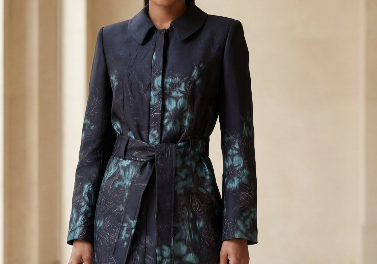 Black light coat with teal floral jacquard worn in a stone arcade
