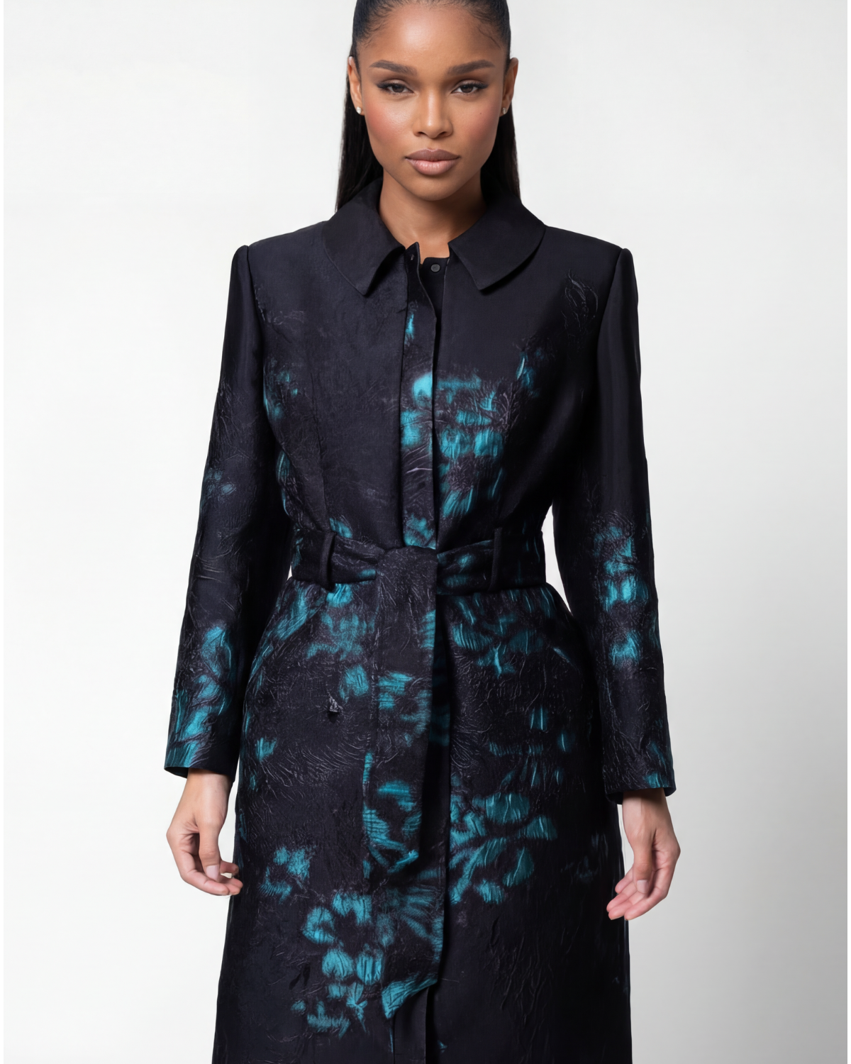 Ivory belted midi coat with self-fabric belt and clean structured drape on a tailored European atelier form