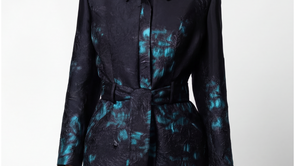Ivory belted midi coat with self-fabric belt and clean structured drape on a tailored European atelier form