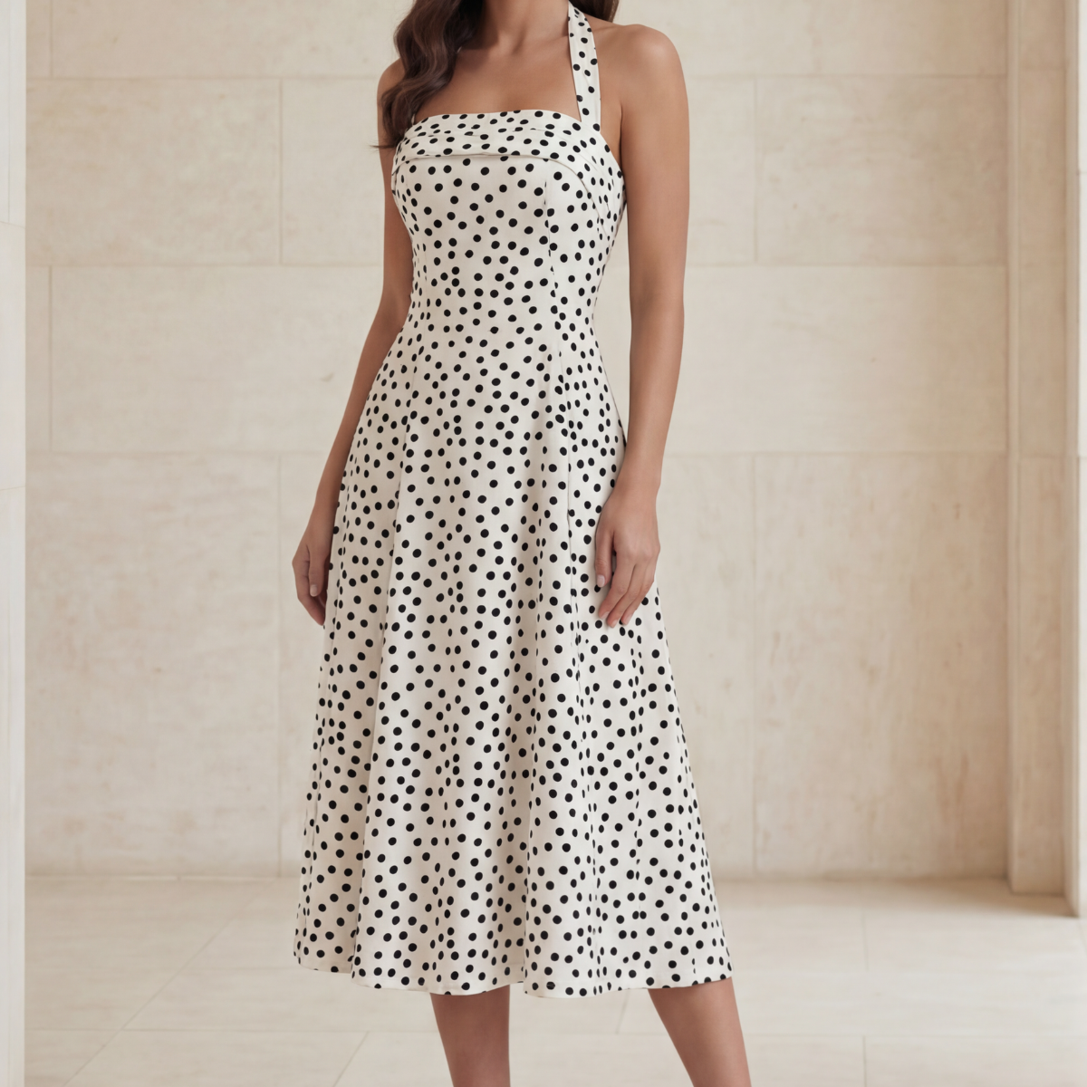 A polka dot dress styled to read considered rather than costume
