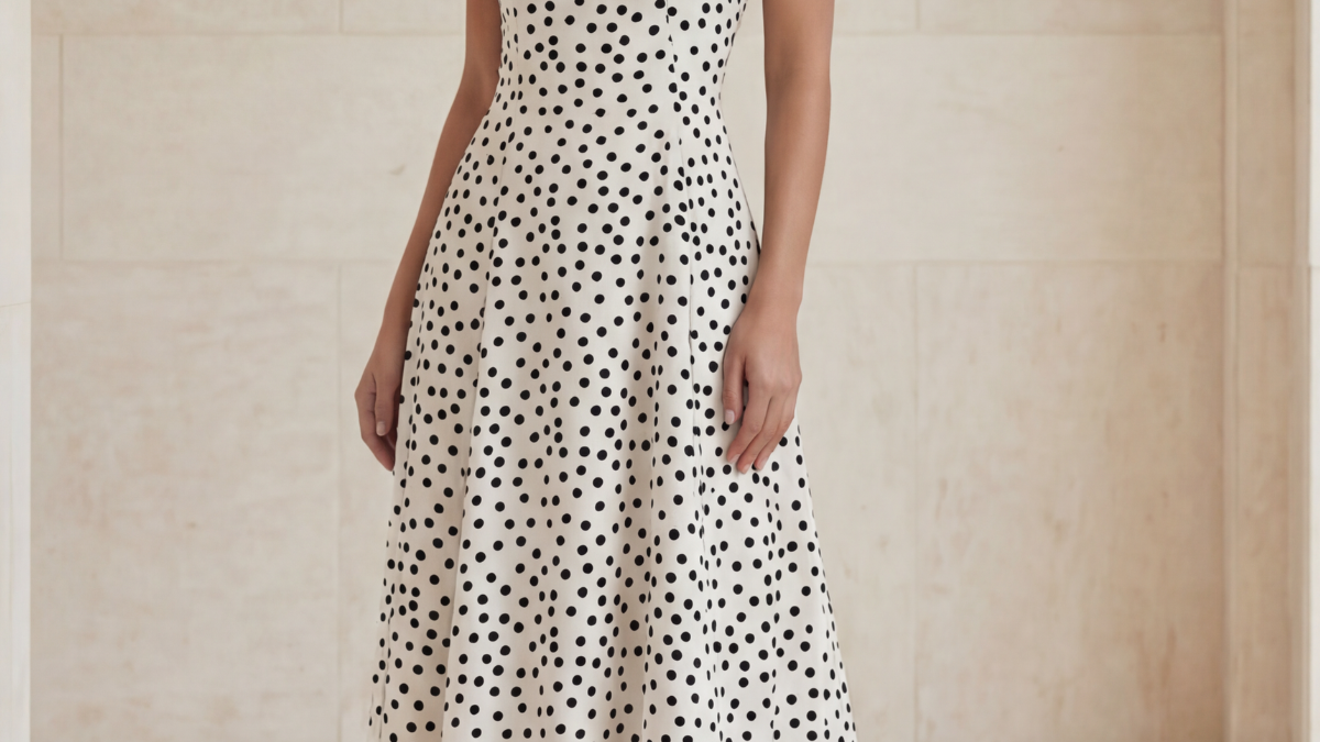 A polka dot dress styled to read considered rather than costume