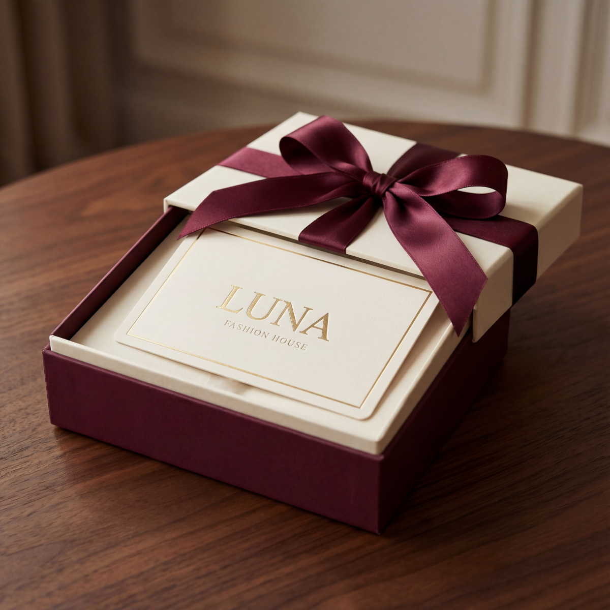 A Luna Fashion House digital gift card presented elegantly alongside a deep burgundy metallic off-shoulder gown and a beige maxi lace gown on a clean light background