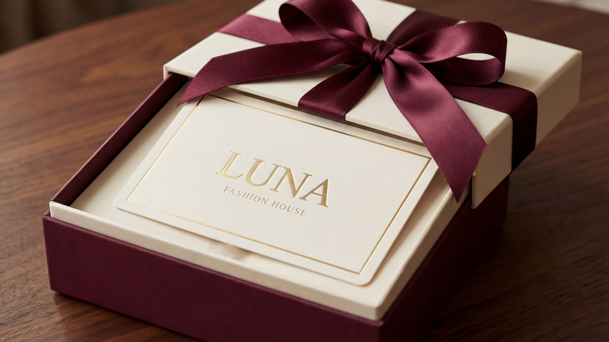 A Luna Fashion House digital gift card presented elegantly alongside a deep burgundy metallic off-shoulder gown and a beige maxi lace gown on a clean light background