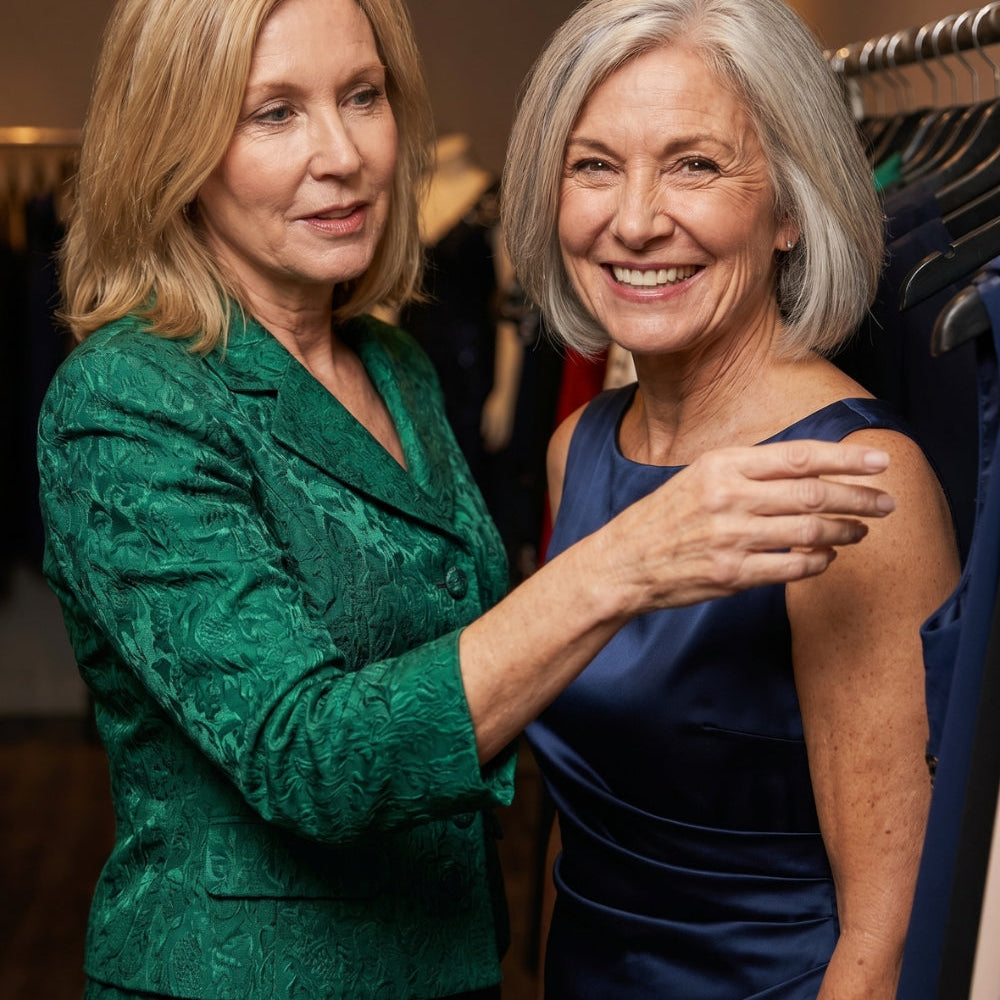 Woman over 50 with silver gray hair wearing flattering colors near the face