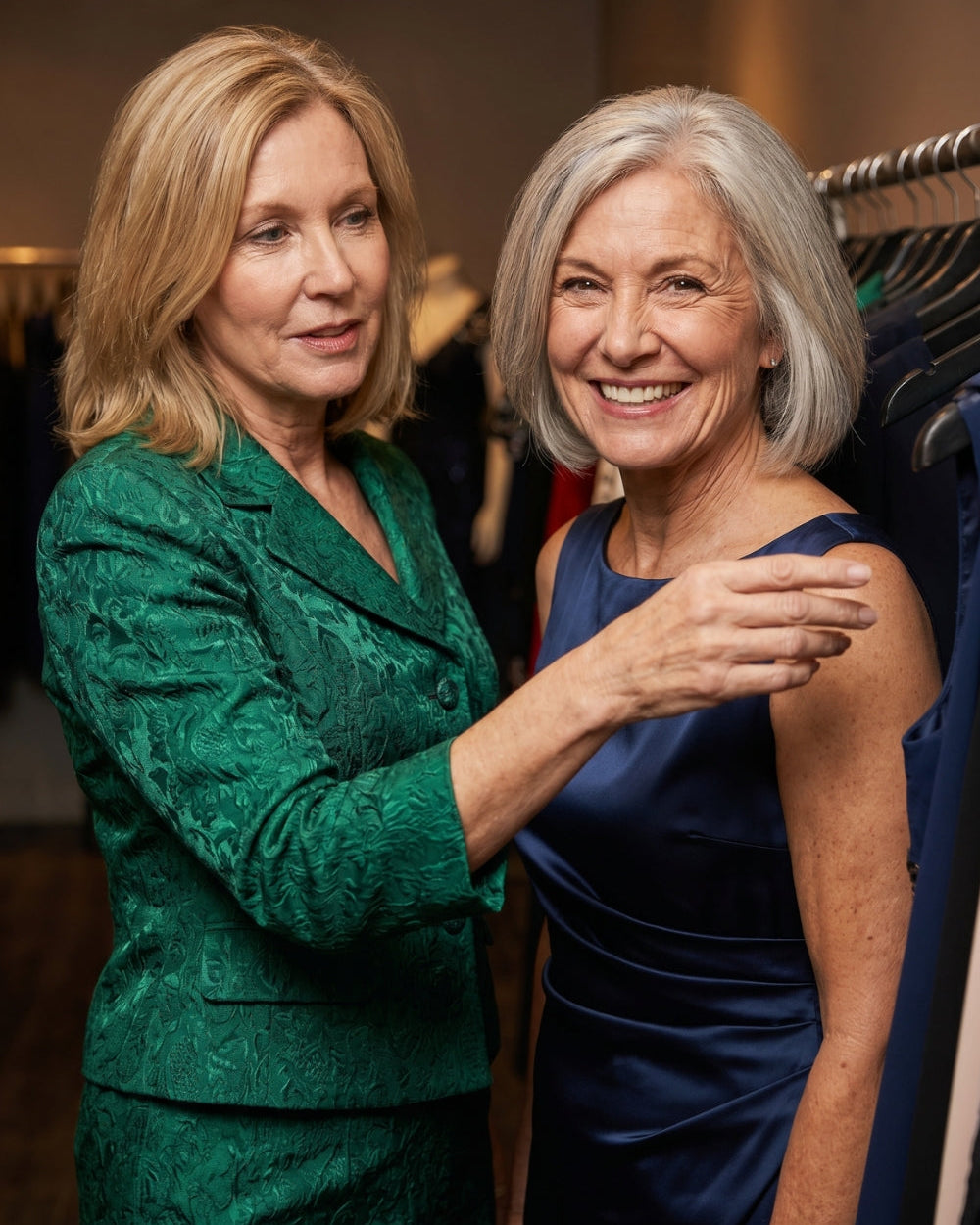 Woman over 50 with silver gray hair wearing flattering colors near the face