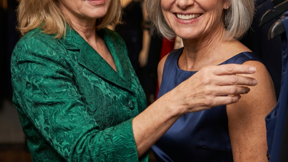 Woman over 50 with silver gray hair wearing flattering colors near the face