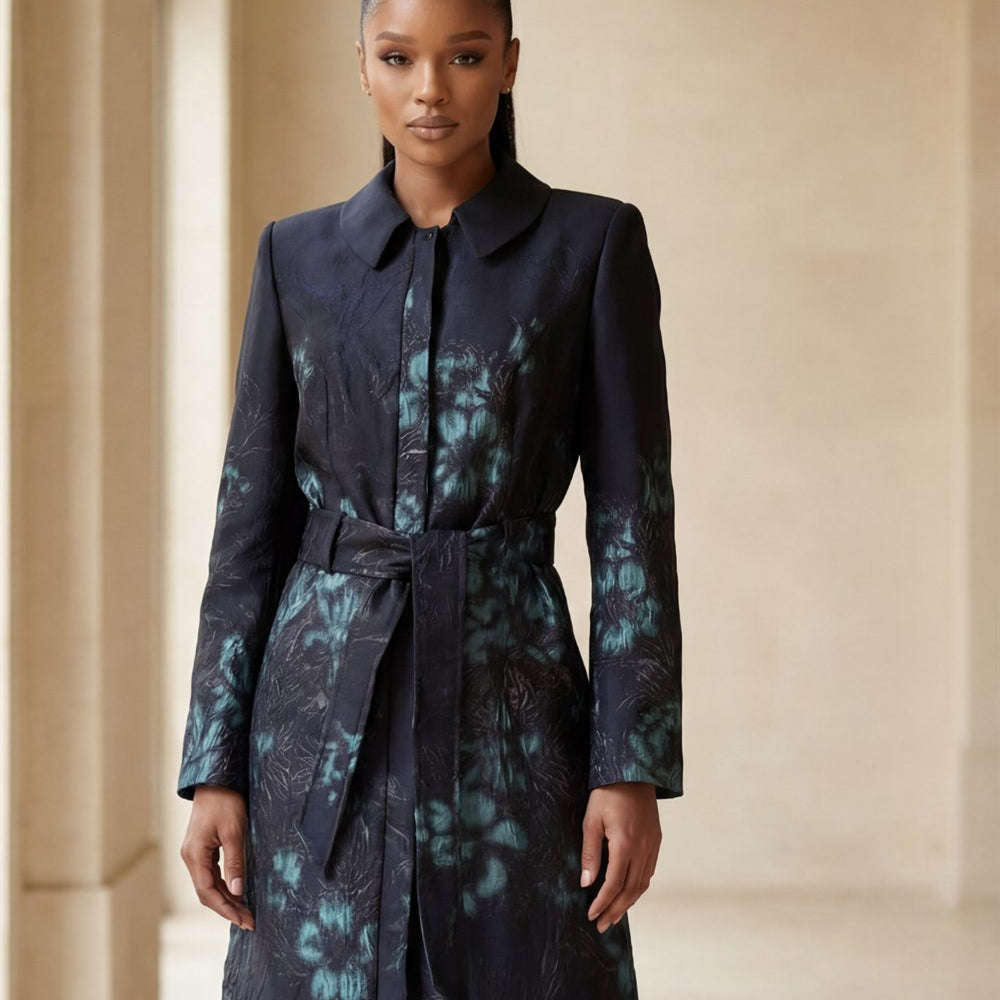 The Light Jacquard Coat, in Teal and Silver Floral