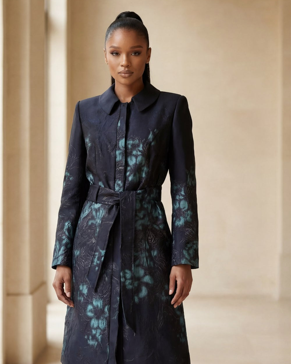 The Light Jacquard Coat, in Teal and Silver Floral