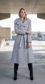 Gray Herringbone Wool Wrap Coat, Nicole. Worn under a concrete archway with black boots.
