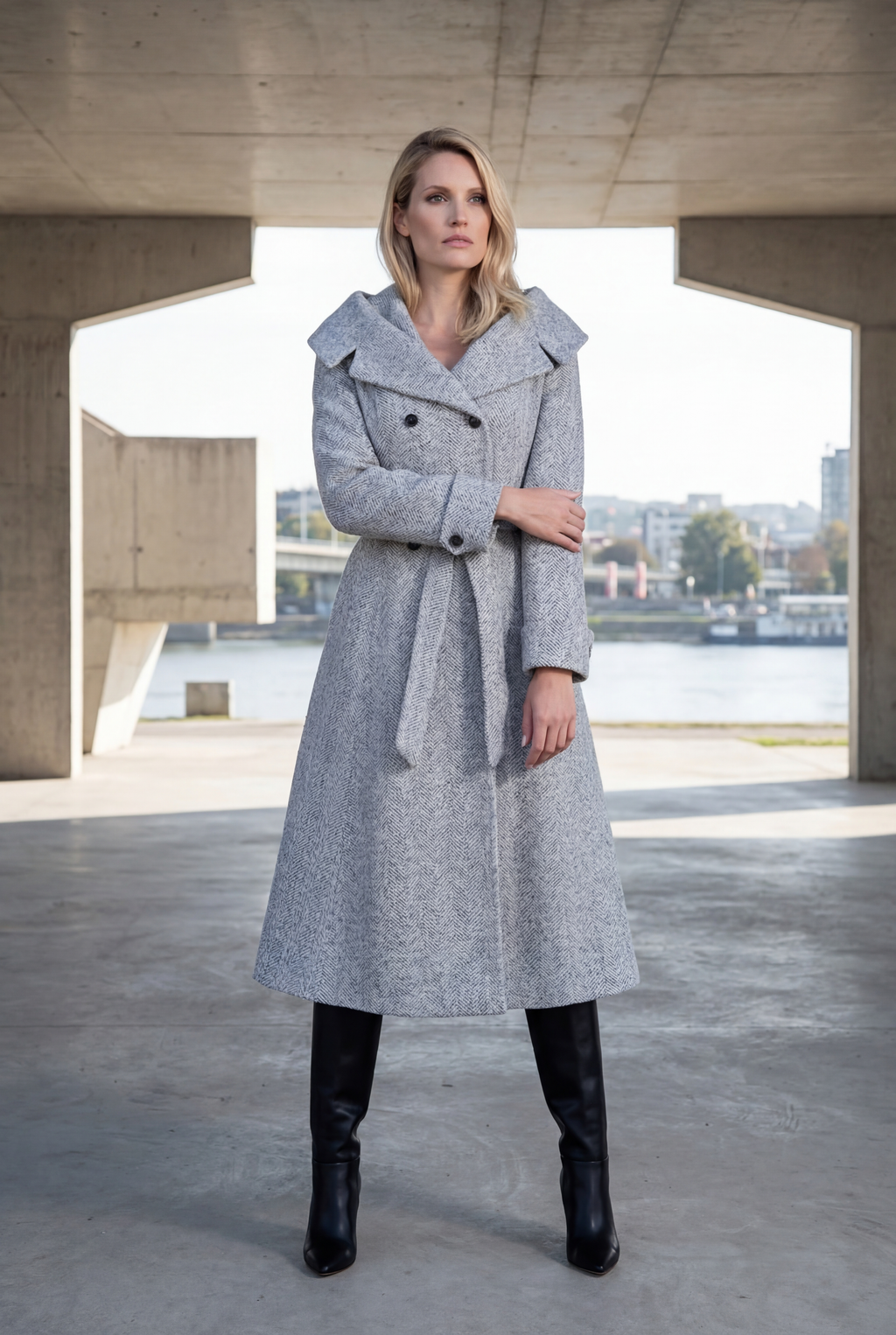 Women's Gray Herringbone Wool Belted Midi Coat, Nicole | Luna