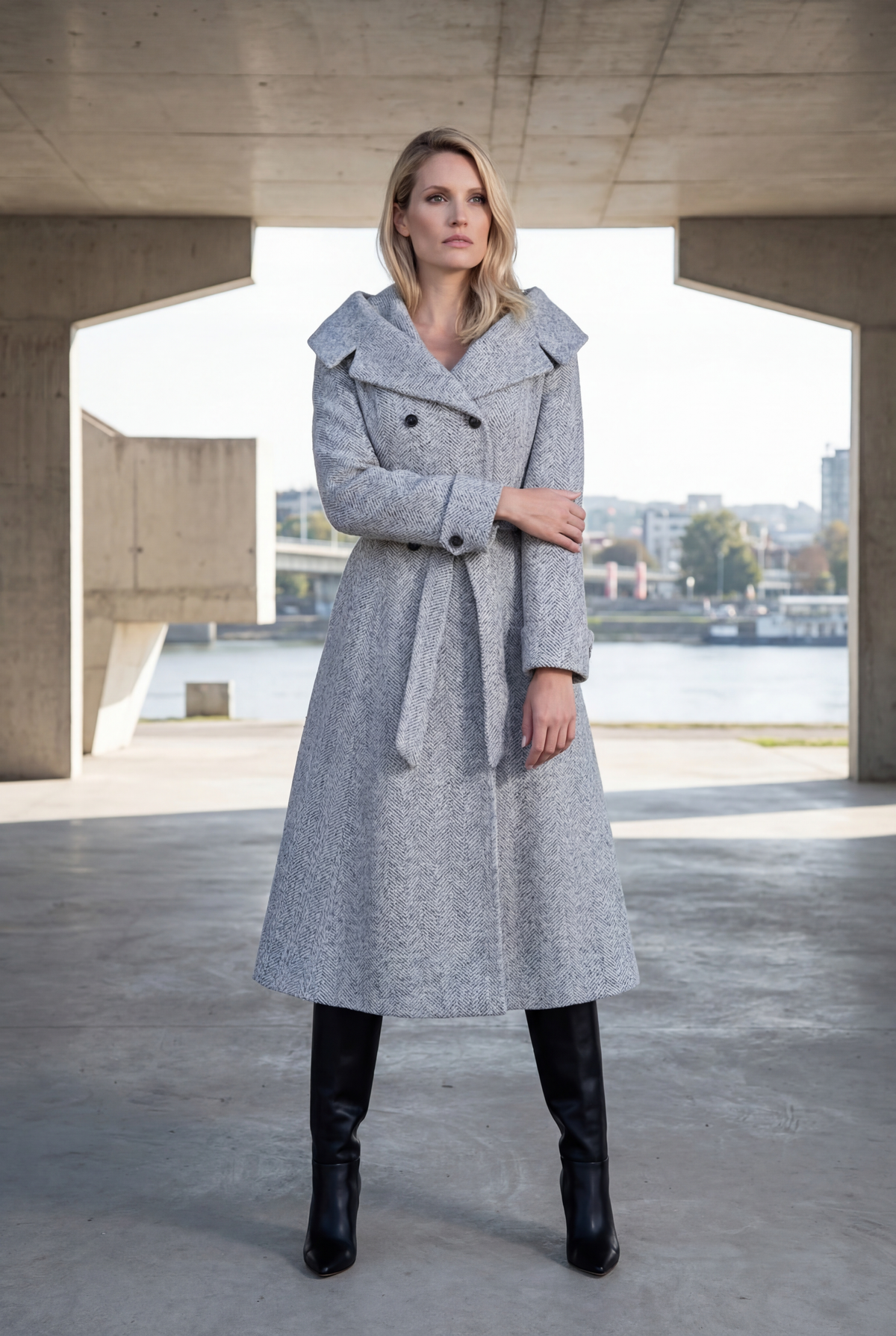 Gray Herringbone Wool Wrap Coat, Nicole. Worn under a concrete archway with black boots.