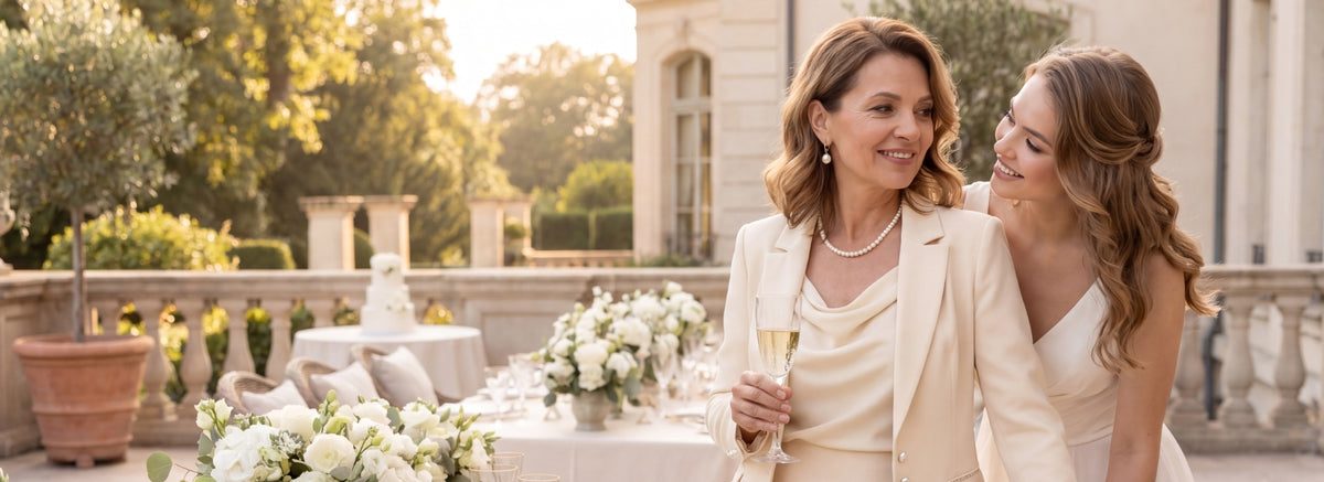 Mother of the bride wearing elegant Luna Fashion House wedding outfit handcrafted in Europe