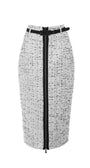 Flat lay of white tweed pencil skirt showing zipper trim and midi length