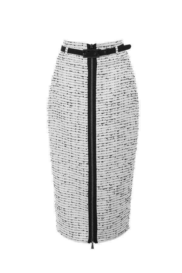 Flat lay of white tweed pencil skirt showing zipper trim and midi length