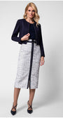 Full look with white tweed pencil skirt styled with navy blazer