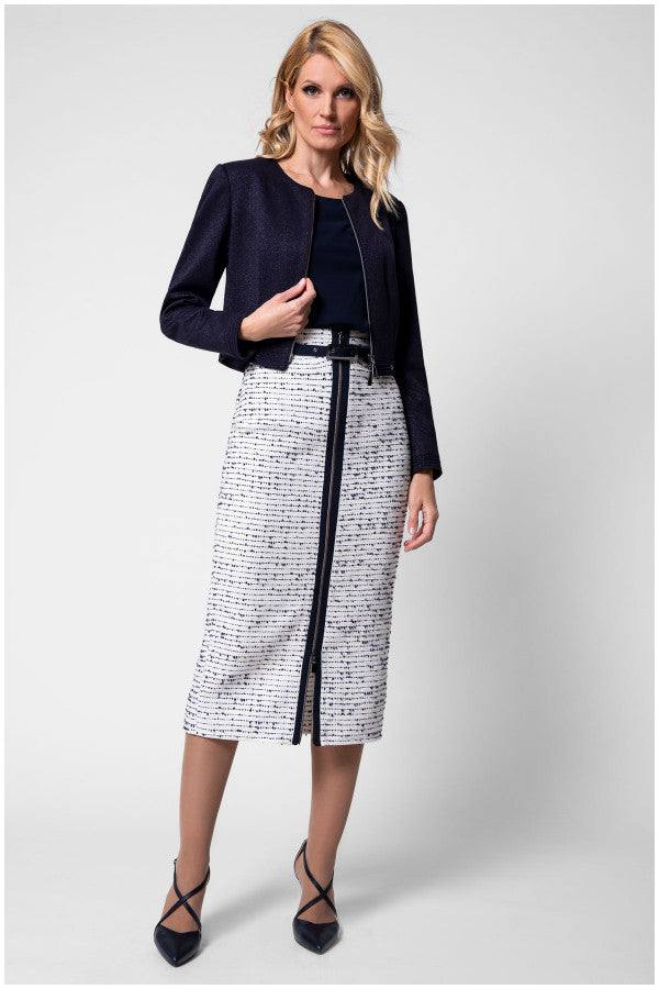 Full look with white tweed pencil skirt styled with navy blazer