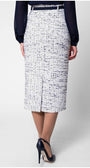 Back view of white tweed pencil skirt with vent and tailored waistband