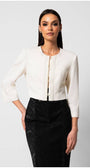 Elegant white cropped tailored blazer jacket with round neckline and front detailing worn with black high-waisted skirt