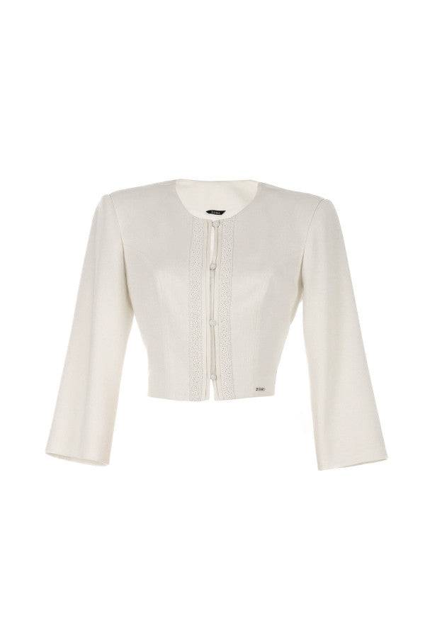 Elegant white cropped tailored blazer jacket Lola with round neckline and delicate front detailing in premium fabric