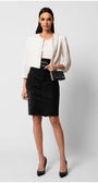 Elegant white cropped tailored blazer jacket Lola with structured silhouette, round neckline, and tailored fit on model